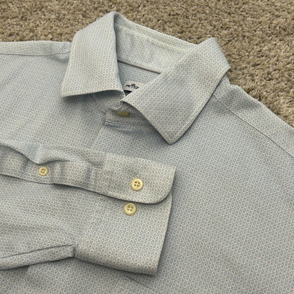 Peter Millar Ocean Blue Button Up Shirt XL Blue‎ Geometric Cotton Performance